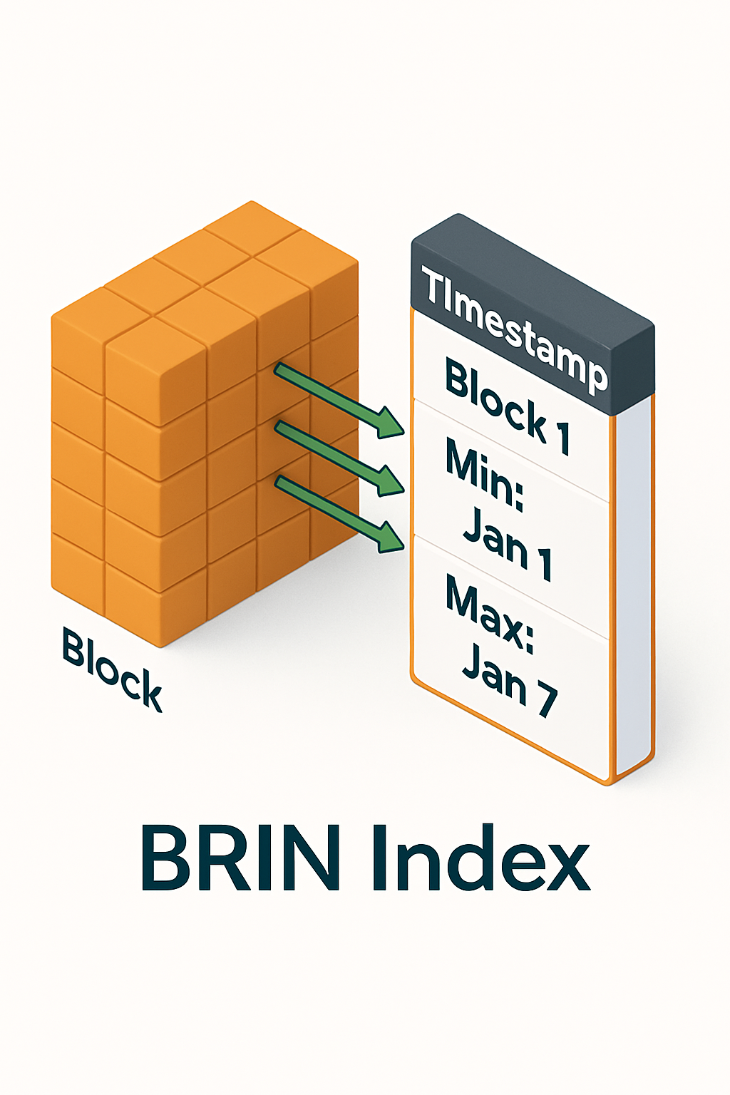 Visual explanation of a BRIN index in PostgreSQL, which summarizes value ranges in large tables for fast scanning.