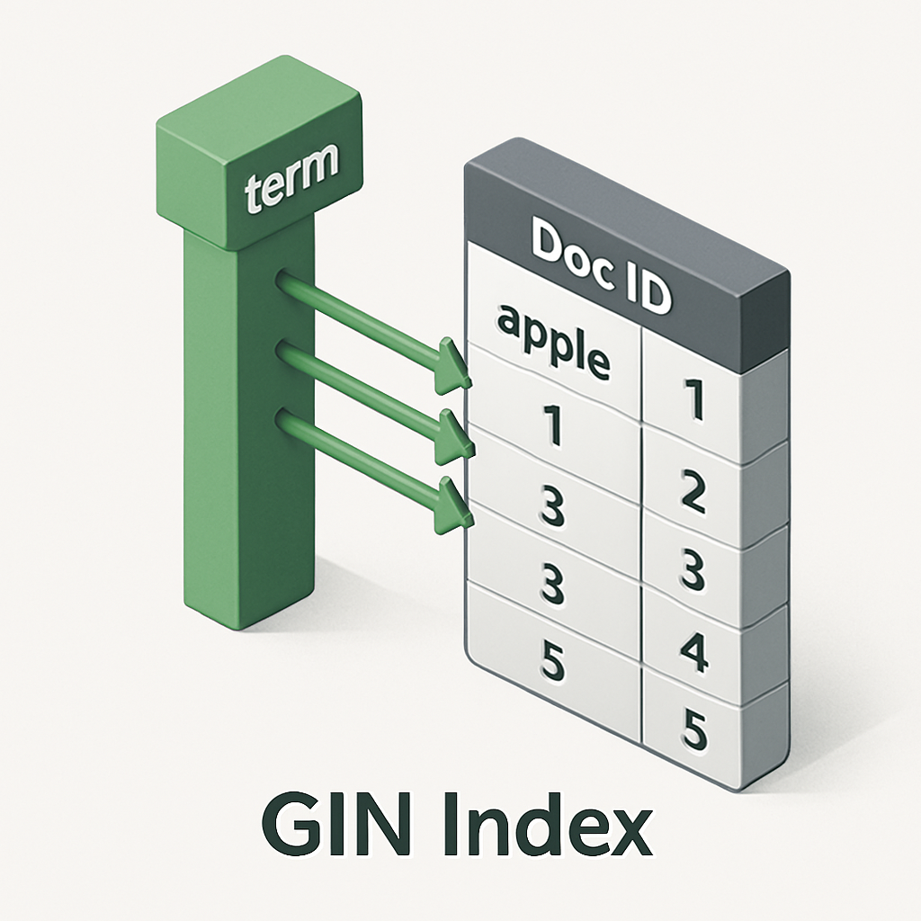 How a PostgreSQL GIN index works for indexing array values or JSONB data using an inverted list structure.