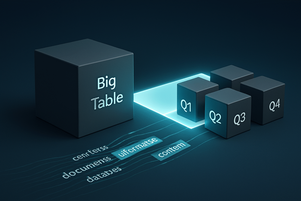 Conceptual graphic showing how PostgreSQL partitioning splits large tables.
